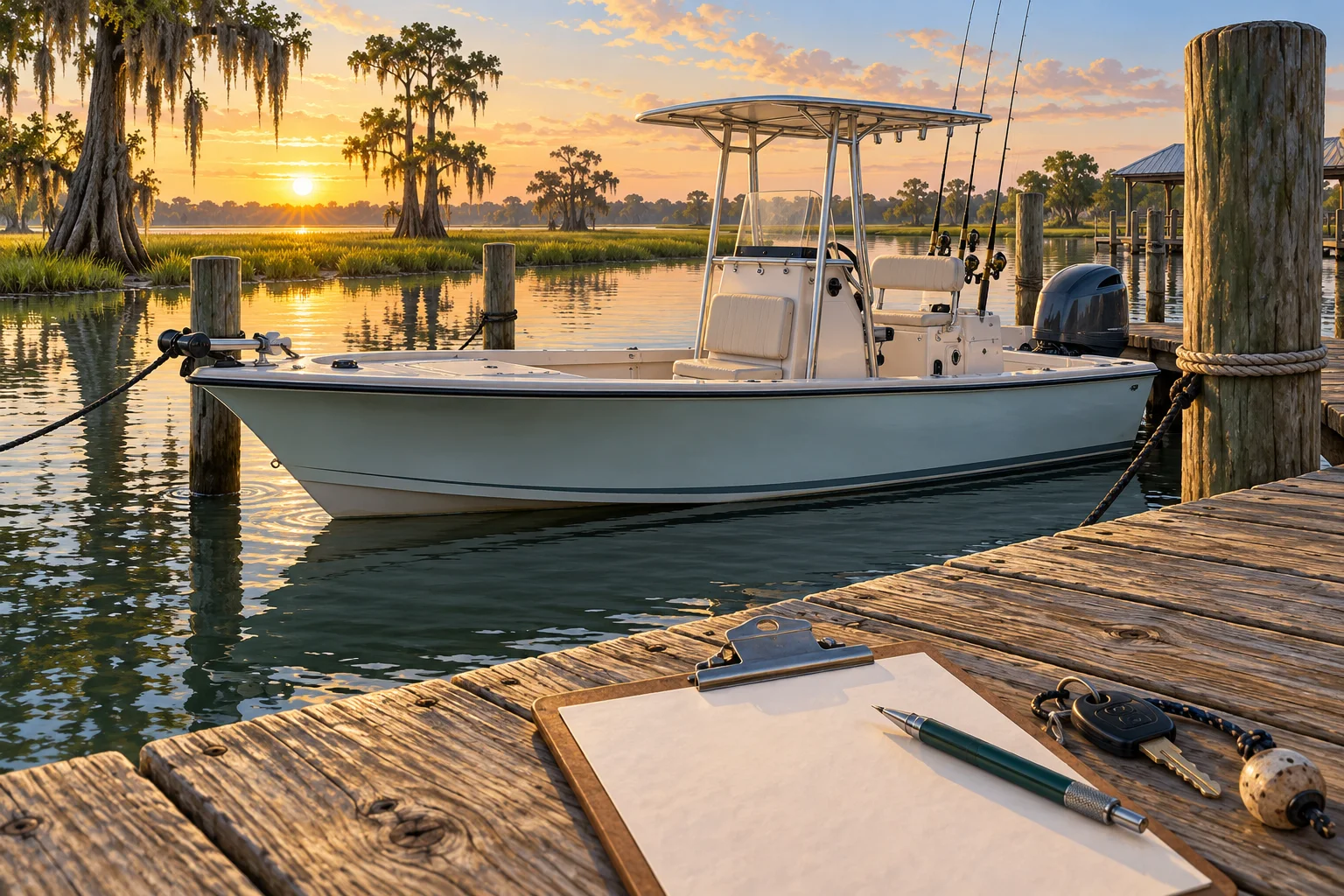 Illustrative Louisiana dockside charter-business planning scene.