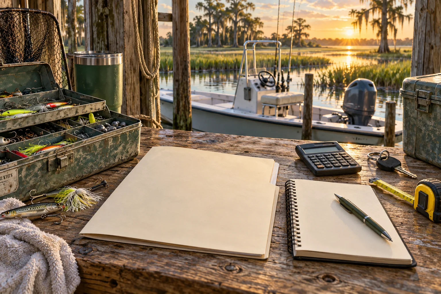 Illustrative Louisiana dockside charter-business planning scene.