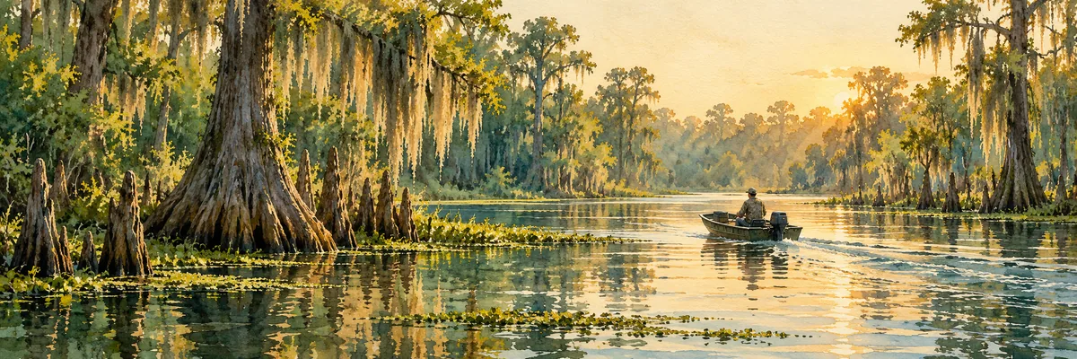 Cypress trees and open water in Louisiana river country