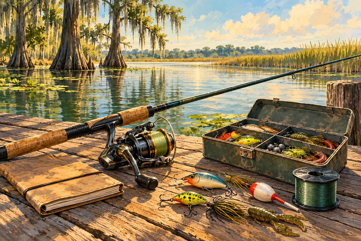 Fishing tackle and preparation notes laid out before a Louisiana outing.