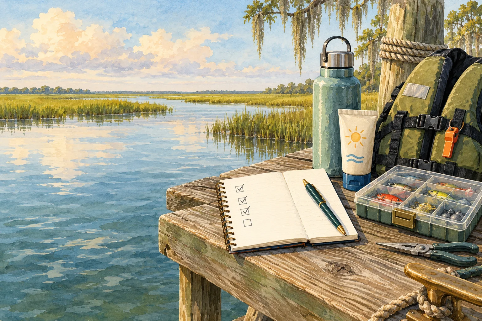 A fishing plan and tackle aboard a boat at sunset in Louisiana marsh water.
