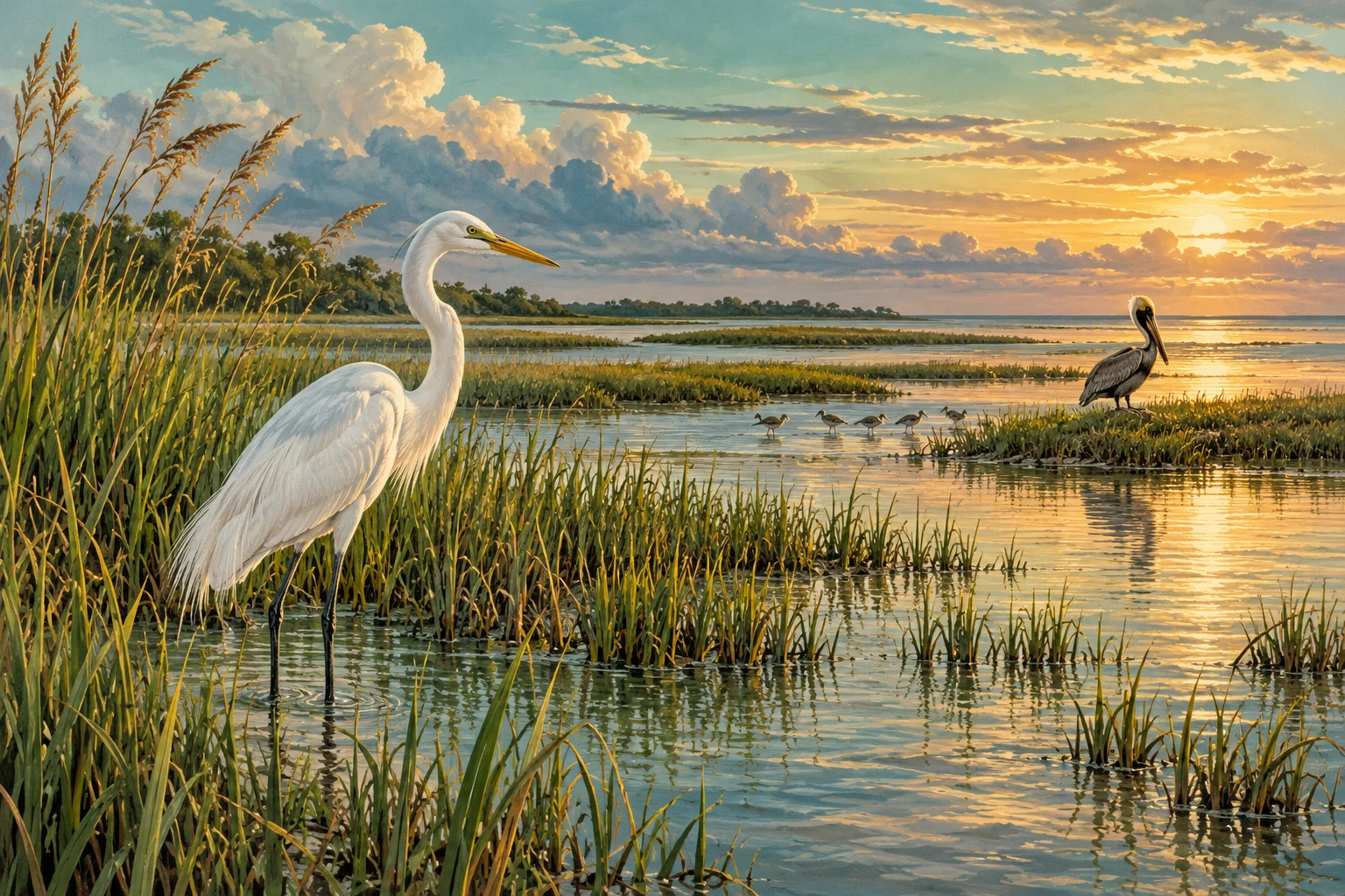 An egret, pelican and distant shorebirds illustrated beside coastal water.