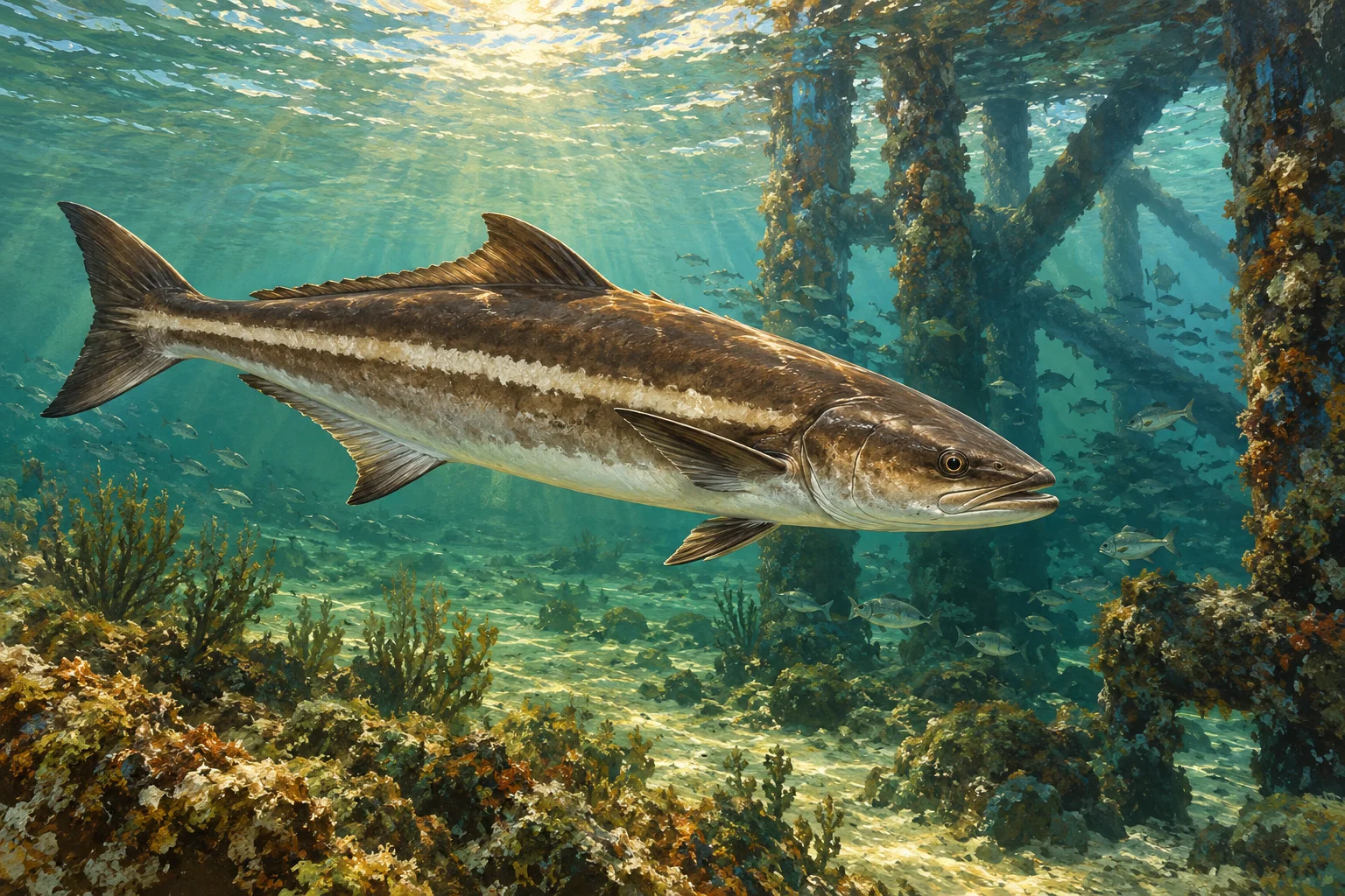 A cobia illustrated beside submerged coastal structure.