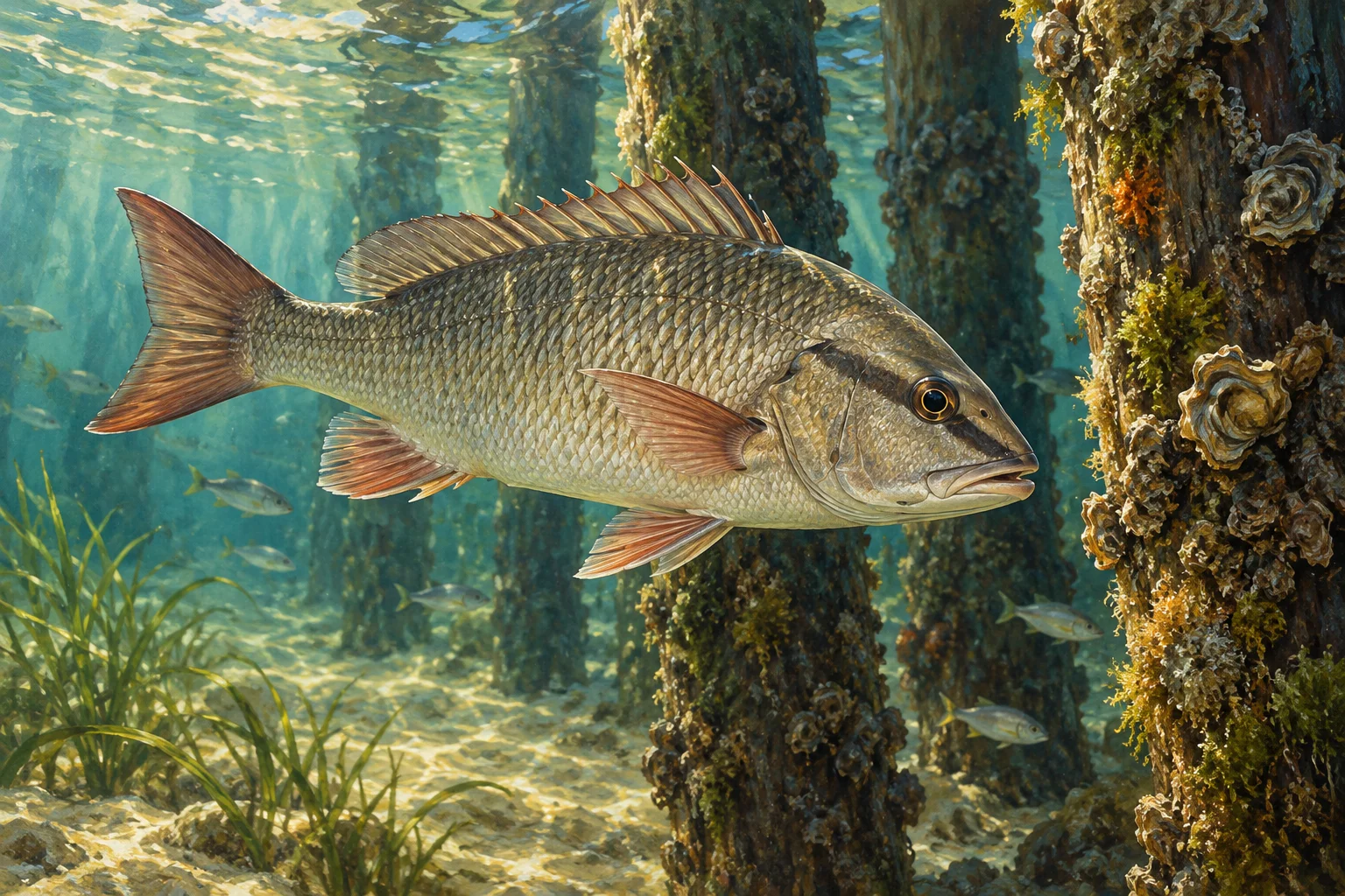 A gray snapper illustrated beside submerged pilings.