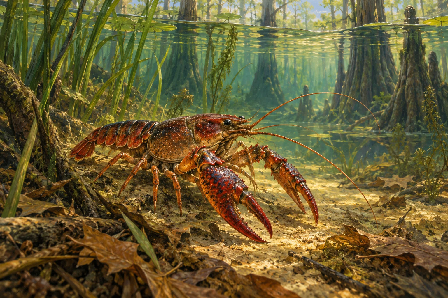 A crawfish illustrated among submerged leaves and roots.