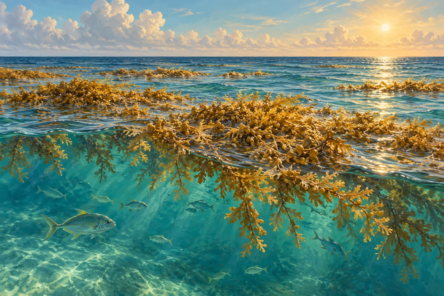 Illustrated floating Sargassum and small fish in Gulf water.