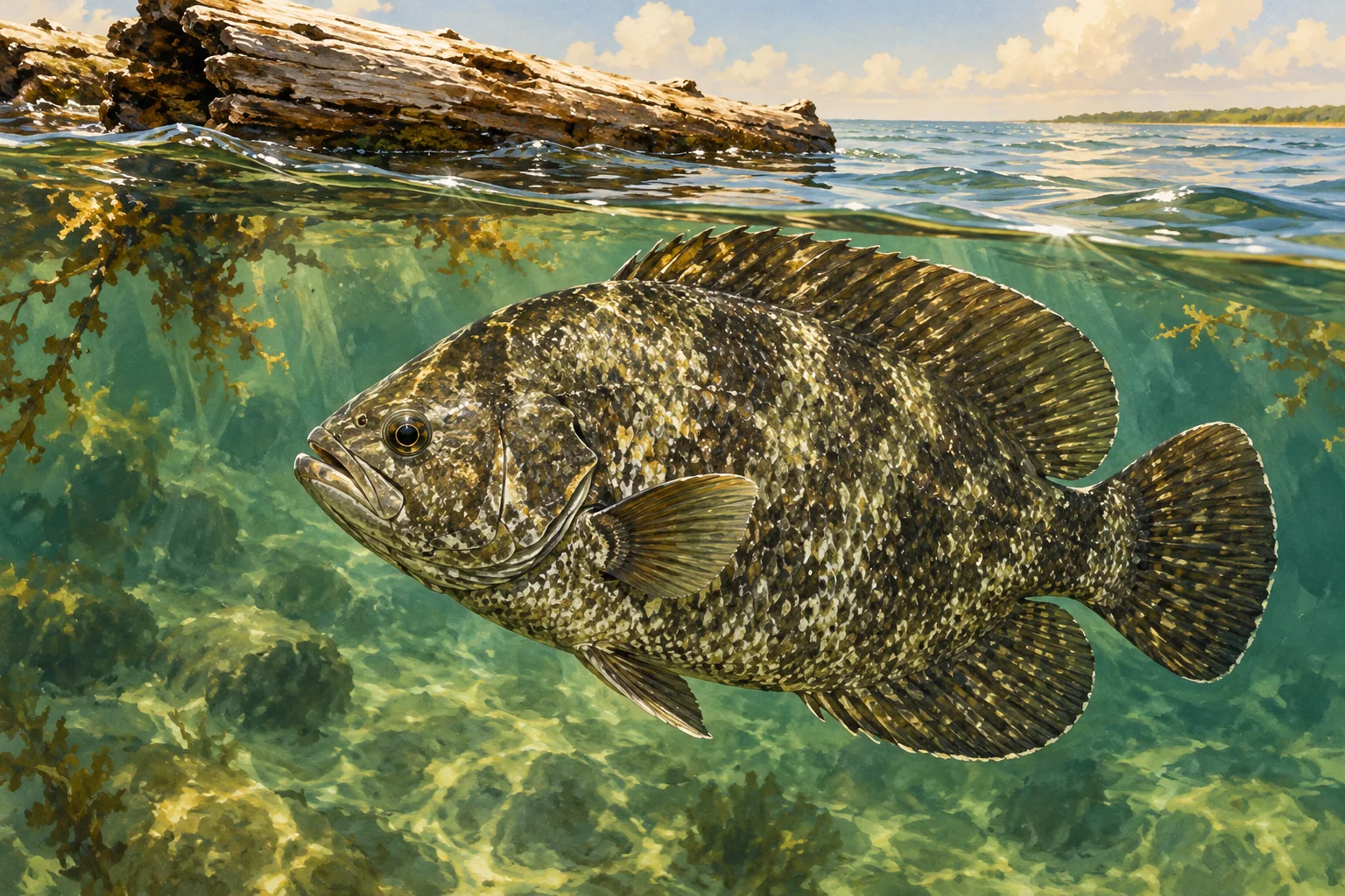 A tripletail illustrated beside floating cover.