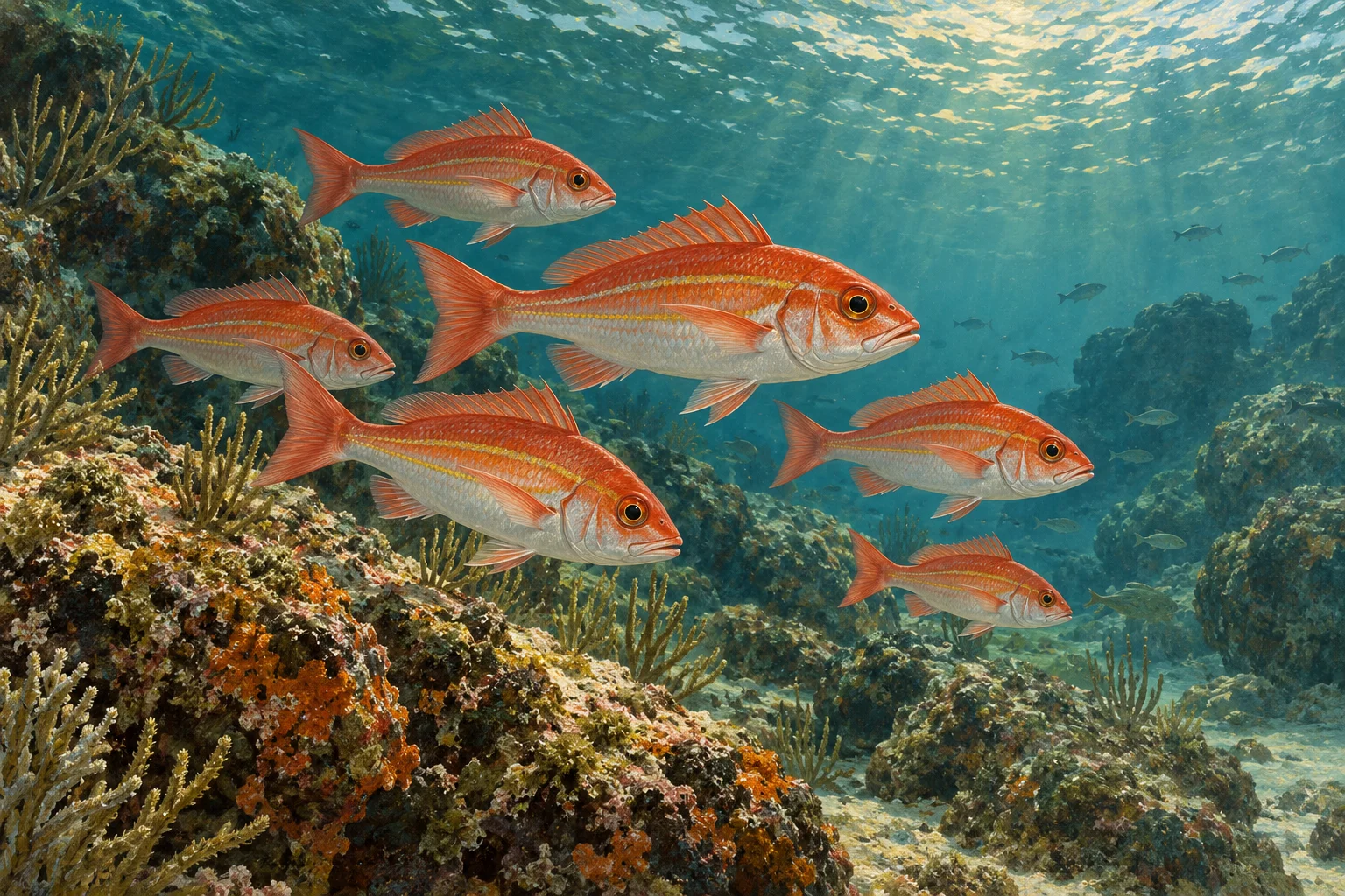 A school of vermilion snapper illustrated above rocky bottom.